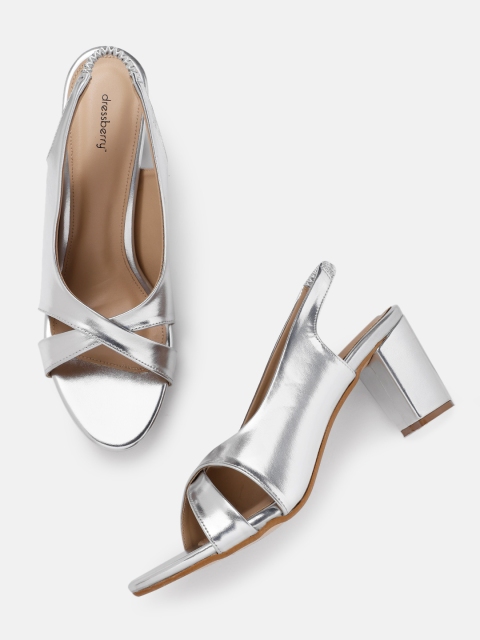 

DressBerry Silver-Toned Criss-Cross Strap Block Heels
