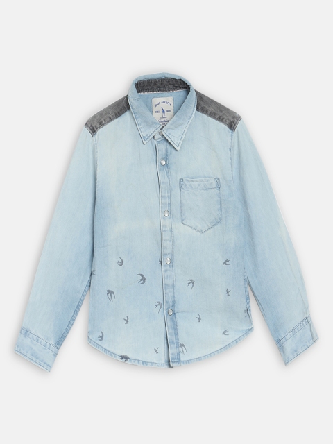 

Blue Giraffe Boys Blue & Grey Printed Cotton Denim Casual Shirt