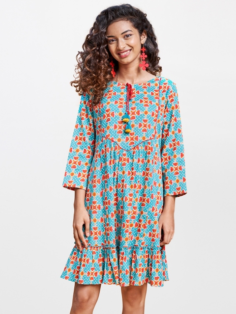 

Global Desi Blue & Red Floral A-Line Dress