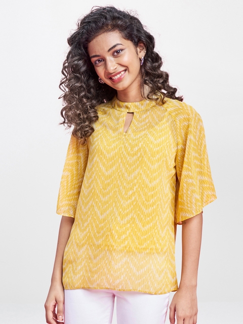 

Global Desi Women Yellow & White Keyhole Neck Regular Top