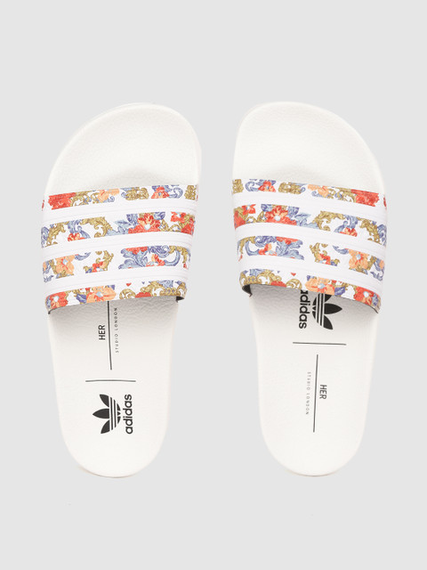 

ADIDAS Originals Women White & Blue Adilette Ethnic Print & Striped Sliders