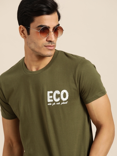 

Moda Rapido Men Olive Green Typography Print Cotton T-shirt