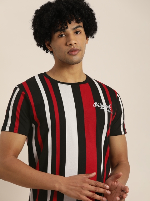 

Moda Rapido Men Black Red Pure Cotton Striped Round Neck Pure Cotton T-shirt