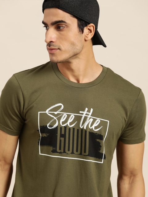 

Moda Rapido Men Olive Green & White Typography Print Cotton T-shirt