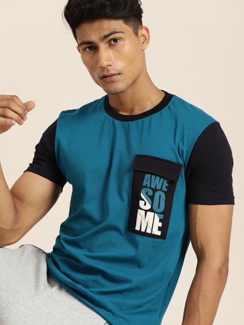 

Moda Rapido Men Teal Blue Black Typography Printed Pure Cotton T-shirt