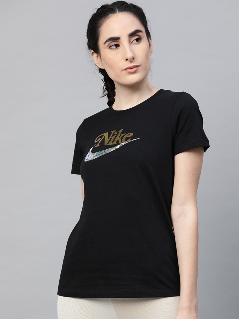 

Nike Women Black Yellow Printed Pure Cotton Sportswear Pure Cotton T-shirt