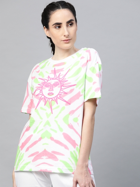 

Nike Women White & Pink Tie and Dye Pure Cotton Drop-Shoulder Sleeves Sportswear T-Shirt