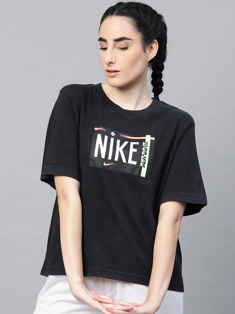

Nike Women Black White Printed Pure Cotton Sportswear Pure Cotton T-shirt