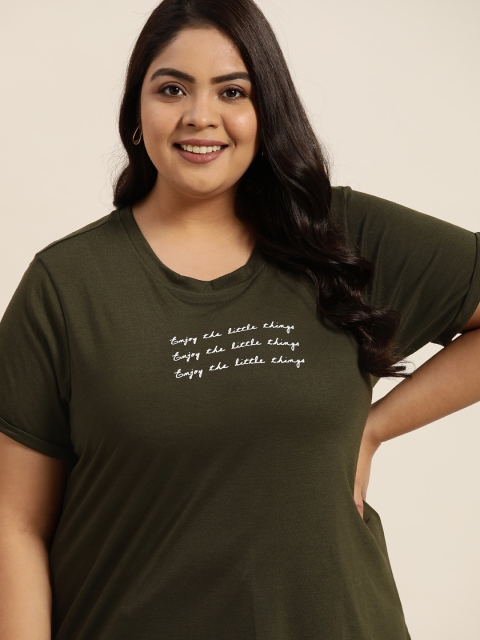 

Sztori Plus Size Women Olive Green Typography Printed T-shirt