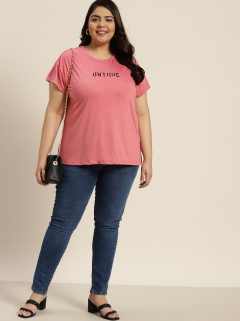 

Sztori Women Plus Size Pink Typography Printed Extended Sleeves T-shirt