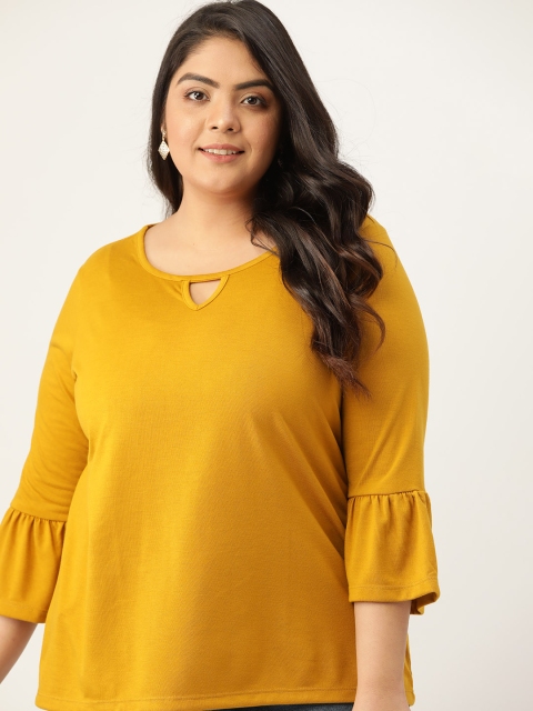 

Sztori Plus Size Mustard Yellow Keyhole Neck Bell Sleeve Regular Top