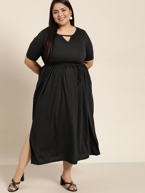 

Sztori Women Plus Size Black Solid Knitted Maxi Dress with Fabric Belt