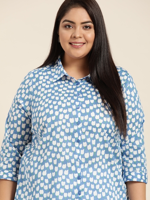 

Sztori Women Plus Size Blue & White Floral Print Casual Shirt