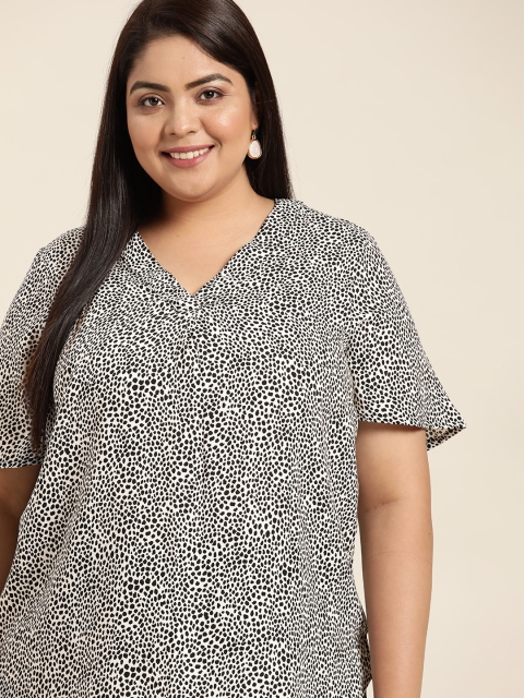 

Sztori Plus Size Black & White Leopard Print Flared Sleeve Pleated Top