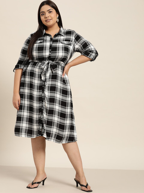 

Sztori Women Plus Size Black & White Checked Shirt Midi Dress