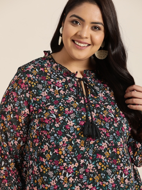 

Sztori Women Plus Size Black & Pink Floral Tie-Up Neck Regular Top