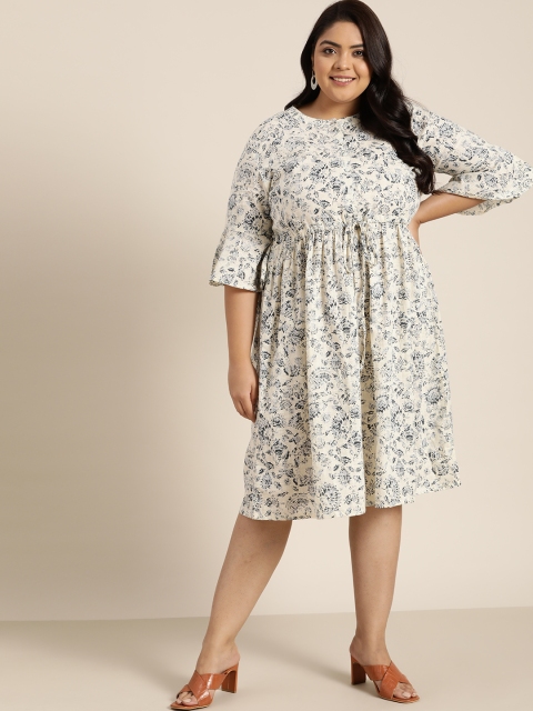 

Sztori Plus Size Off White & Teal Blue Cotton Ethnic Motifs Printed Empire Dress
