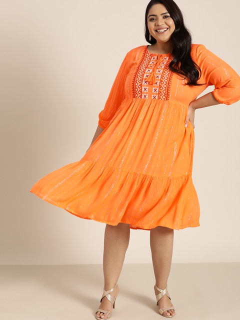 

Sztori Plus Size Orange & Silver Striped Tie-Up Neck A-Line Midi Dress