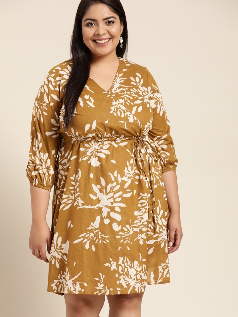 

Sztori Plus Size Mustard Yellow & Off White Floral Print Pure Cotton Wrap Dress