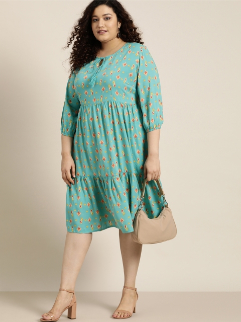 

Sztori Plus Size Green & Peach-Coloured Printed Tie-Up Neck A-Line Midi Dress