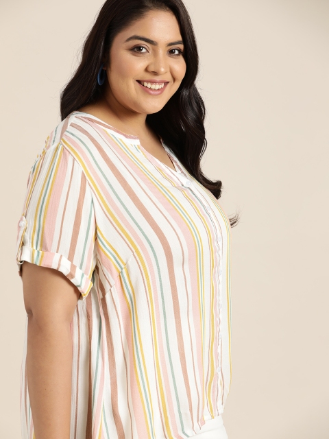 

Sztori Women Plus Size White & Pink Striped Casual Shirt