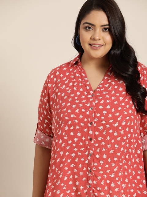 

Sztori Women Plus Size Red & White Floral Print Roll-up Sleeves Casual Shirt