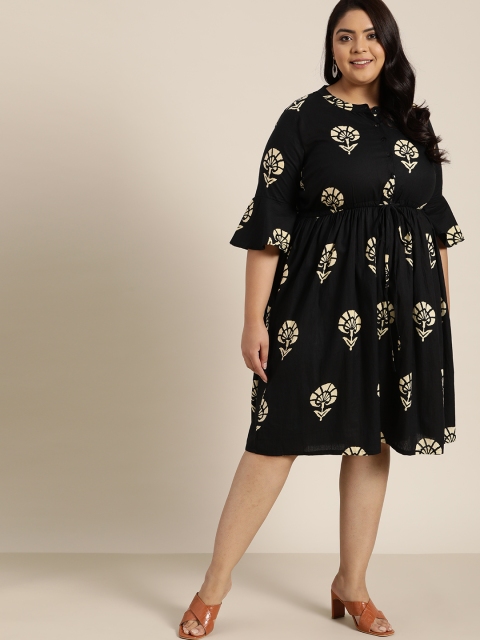 

Sztori Plus Size Black & Beige Ethnic Motifs Printed Cotton Empire Dress