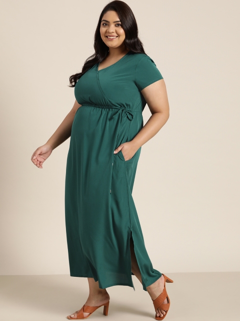 

Sztori Green Solid V-Neck Wrap Dress with Tie-up