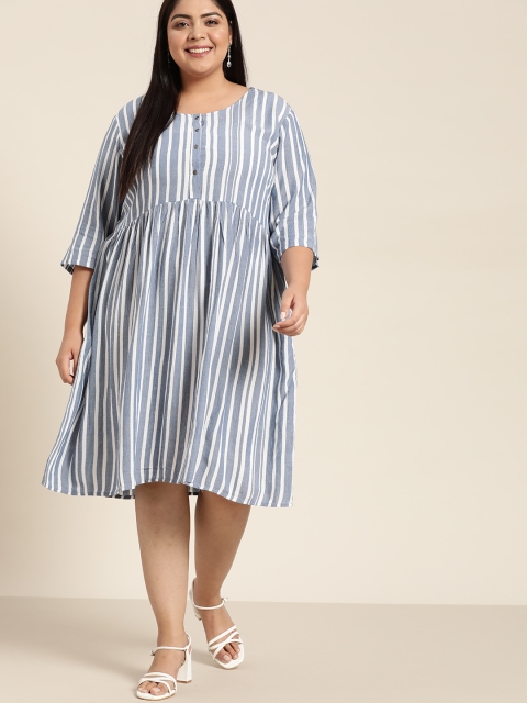 

Sztori Plus Size White & Blue Striped A-Line Midi Dress