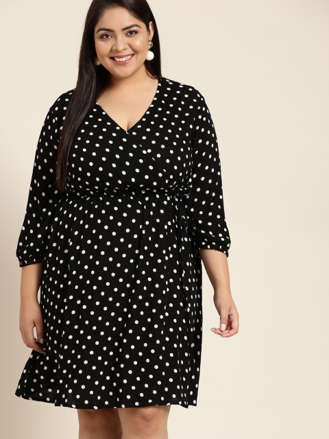 

Sztori Women Plus Size Black & White Polka Dots Print Wrap Dress
