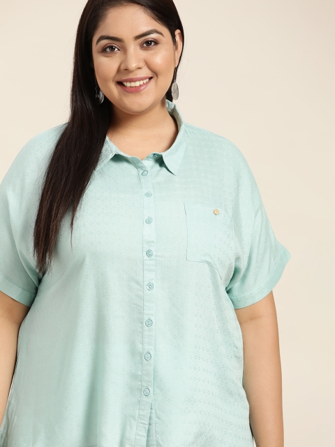 

Sztori Women Plus Size Green Geometric Woven Design Casual Shirt