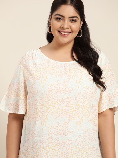 

Sztori Women Plus Size Off White & Peach-Coloured Floral Print Gathered Regular Top