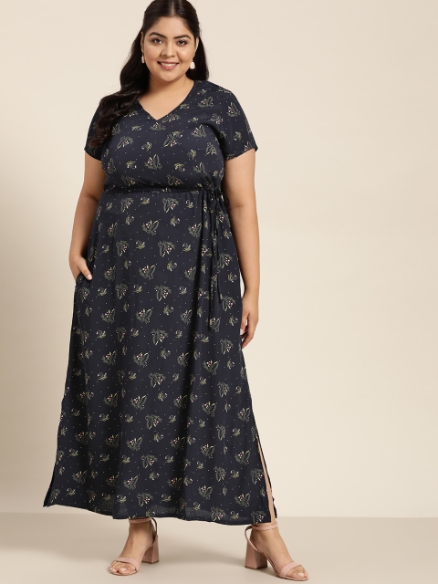 

Sztori Plus Size Navy Blue & Yellow Floral Print Wrap Maxi Dress