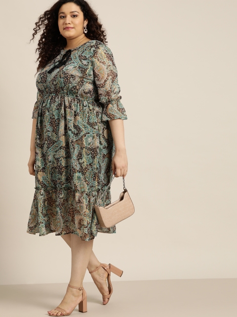 

Sztori Plus Size Black & Green Paisley Printed Tie-Up Neck A-Line Midi Dress