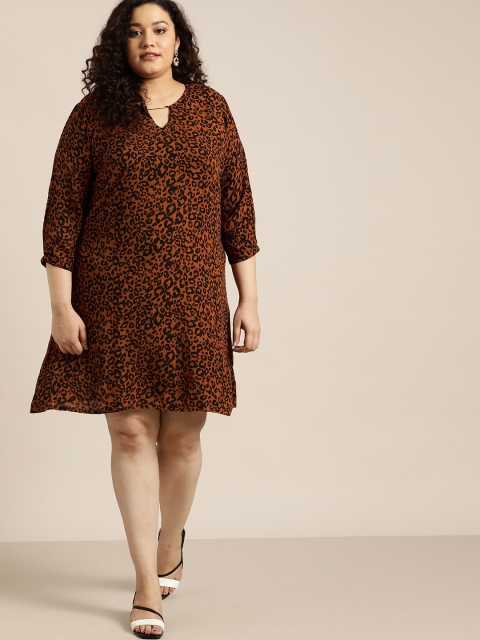 

Sztori Plus Size Brown & Black Animal Printed Keyhole Neck A-Line Dress
