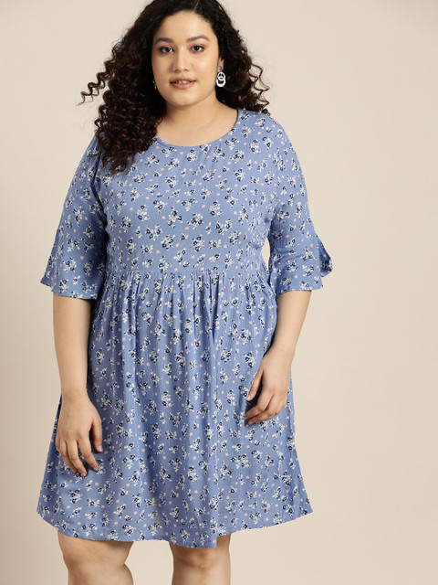 

Sztori Women Plus Size Blue & White Floral Print A-Line Dress