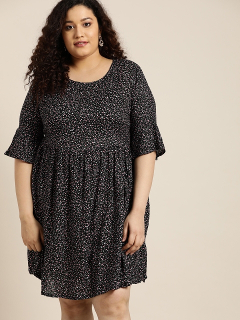 

Sztori Plus Size Black & Pink Floral Printed A-Line Dress
