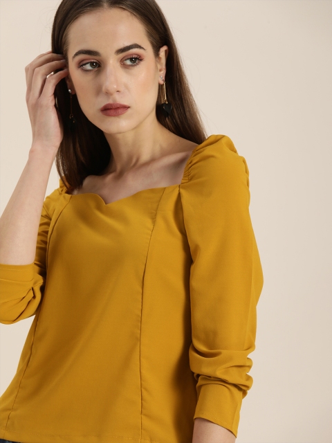 

Moda Rapido Women Mustard Solid Sweetheart Neckline Top