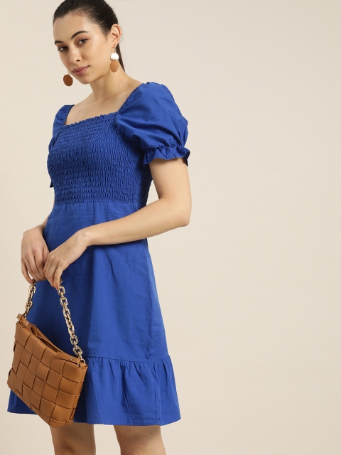 

Moda Rapido Blue Smocked A-Line Dress