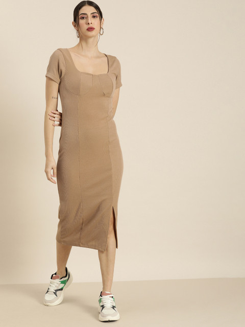 

Moda Rapido Beige Front Slit Sheath Midi Dress