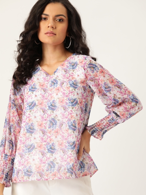 

Moda Rapido White & Navy Blue Floral Print Puff Sleeve Regular Top