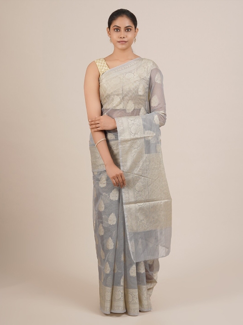 

Pothys Grey & Gold-Coloured Supernet Floral Woven Design Saree