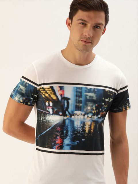 

United Colors of Benetton Men White Blue Printed Pure Cotton T-shirt