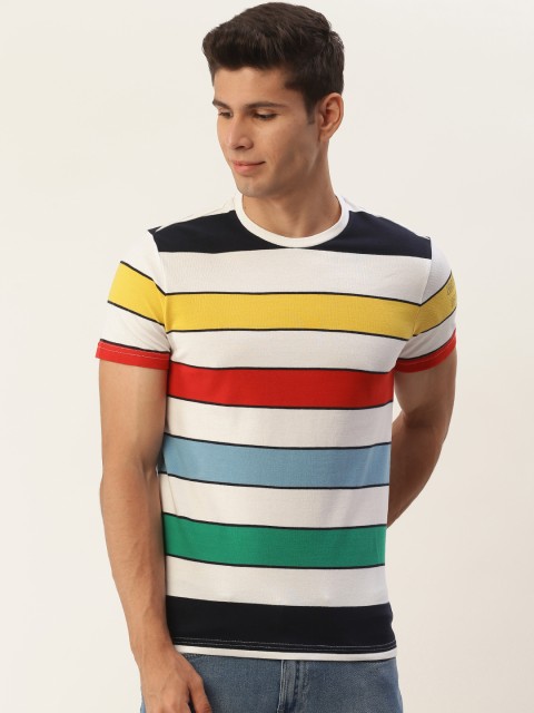 United Colors of Benetton Men White & Red Striped Cotton T-shirt