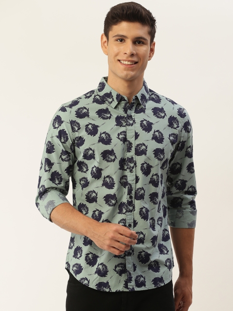 

United Colors of Benetton Men Green & Navy Blue Slim Fit Printed Pure Cotton Casual Shirt