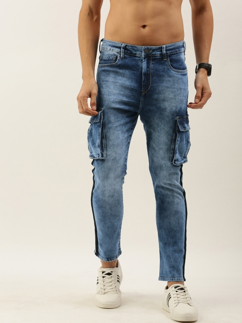 

Moda Rapido Men Blue Slim Fit Low-Rise Heavy Fade Stretchable Crop Cargo Jeans