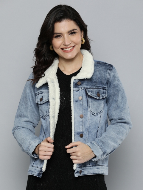 

HERE&NOW Women Blue Solid Faux Fur Detail Denim Jacket