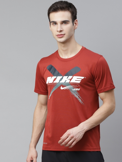 

Nike Men Rust Red & White Graphic Brand Logo Print Dri-FIT Training T-shirt