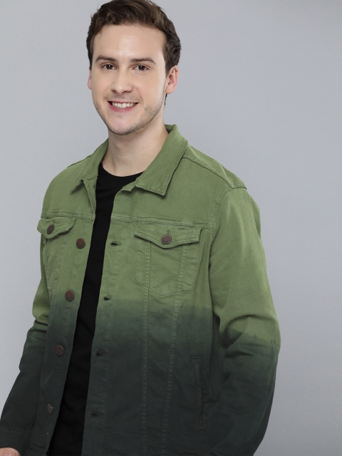

HERE&NOW Men Olive Green Dyed Denim Jacket