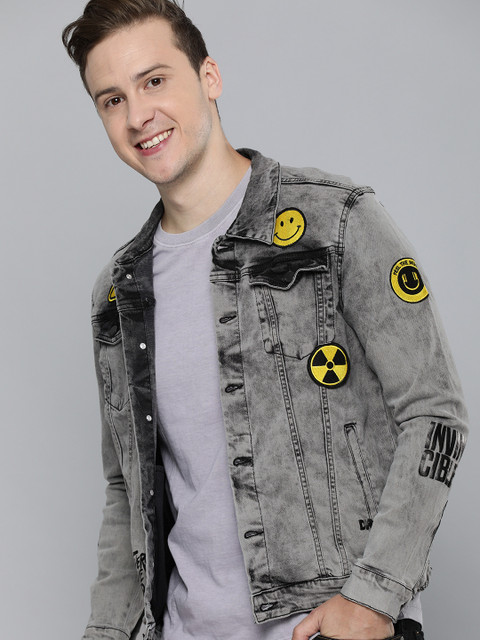 

HERE&NOW Men Black Printed Patcwork Denim Jacket